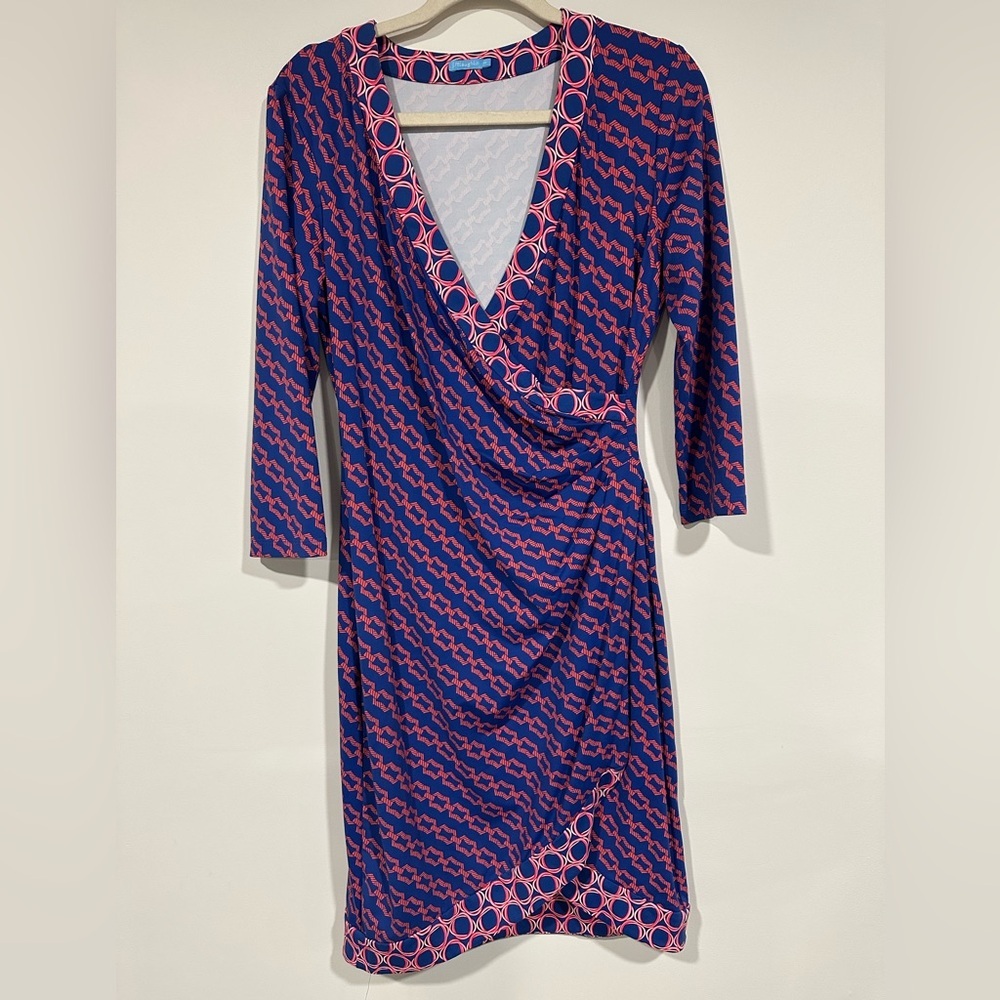 J. McLaughlin Catalina Cloth Blythe Faux Wrap Dress Navy Raspberry Chain Link M